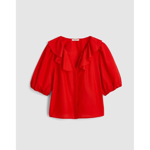 Madewell Tops - Madewell Womens Size Large Ruffled Y-Neck Top in Cotton-Silk in Festival Red 349